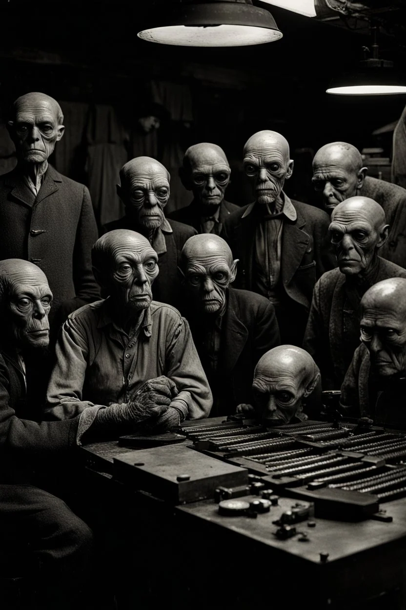 1900's black and white vintage photo, interior, working alien organ manufacturing factory warehouse, unhappy and angry,stange long grey alien human hybrid creature with a family that is sad, captured on square format film, grainy, aged, old men depressed, tired, 1900 fadded