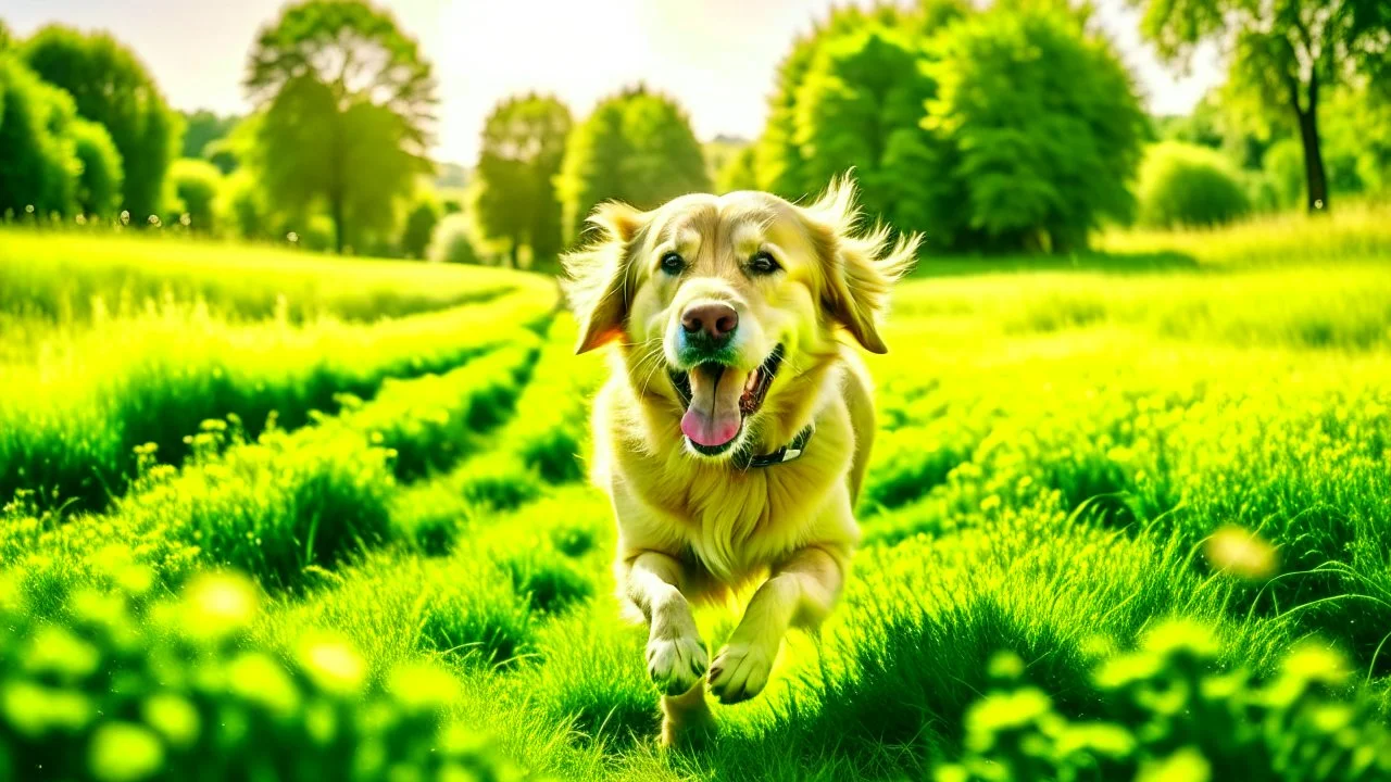 a joyful golden retriever running through a sunlit meadow, vibrant green grass, warm sunlight, dynamic action shot, happy and carefree, nature, energetic, high resolution, wide angle –upbeta