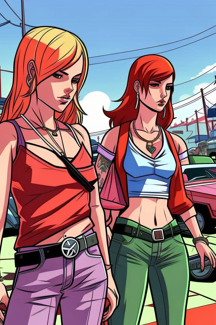 gta tarzı 2 kız 2D arkaplan biraz daha detaylı gta tarzı gta 6 tarzı daha detaylı ve renkli