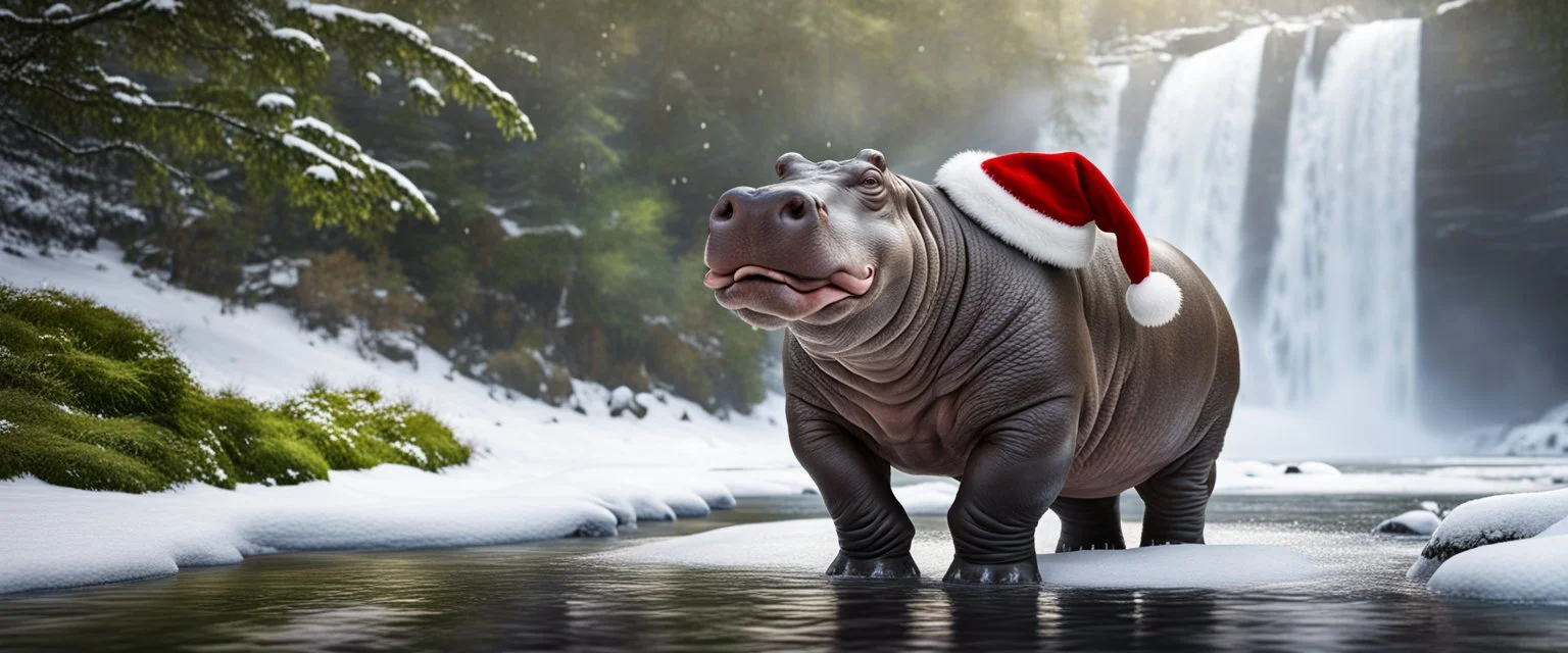 hippo in the snow with santa clause hat, forest alley waterfall background, close-up shot, realistic,Highest quality telescopic Zeiss Zoom lens, supreme cinematic-quality photography, steel walnut wood green leather clothes, Art Nouveau-visuals,Vintage style Octane Render 3D technology,hyperrealism photography,(UHD) high-quality cinematic character render,Insanely detailed close-ups capturing beautiful complexity,Hyperdetailed,Intricate,