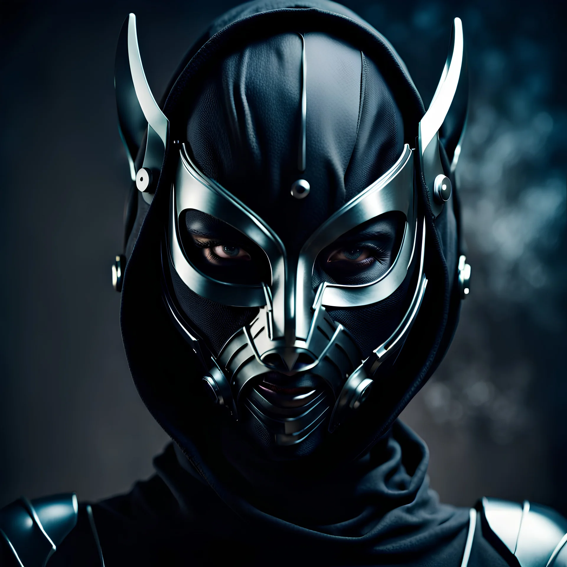 futuristic female marauder wearing a rblack full face mask covering her entire face and head, intimidating masquerade mask, demon mask, anime style