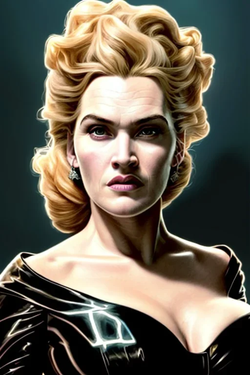 painting of kate winslet as evil queen in black leather gown, feminie, angry, stern look on her face, volouptous, busty, cleavage, emperious, mature, highly detailed, digital painting, artstation, concept art, smooth, sharp focus, illustration, art by gaston bussiere and alphonse mucha