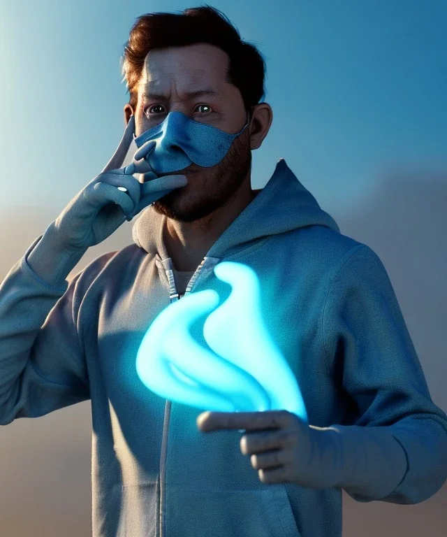 Realistic image, waist up view, a guy making the fuck you gesture with his hand, blue smoke coming out of his eyes, nose and mouth. Dress, inflatable hoodie shelter, soft color, highly detailed, unreal engine 5, ray tracing, RTX, lumen lighting, ultra detail, volumetric lighting, 3d, finely drawn, high definition, high resolution.