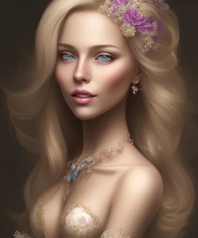 portrait borders head Princess with great bobs long blond hairs, smile,blues eyes no top with flowers