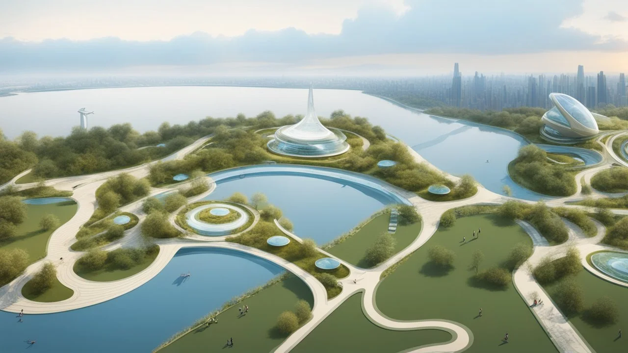theme park of the city of the future 2050, fairy tale, radiance, abstraction, bird's eye view, walking park