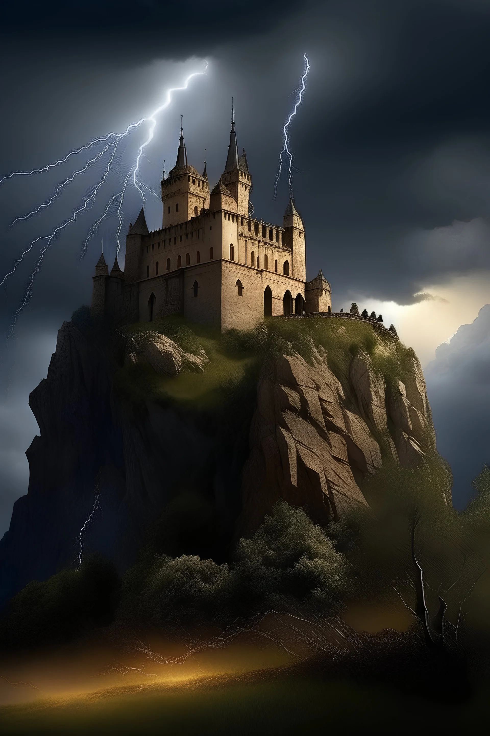 gothic castle, hill, cliff, rocks, storm, lightning