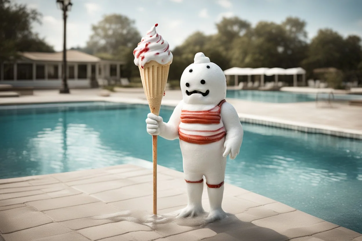 Dejected mottled lovecraftian anthropomorphic marshmallow man creature wearing a vintage 1920's vertical striped bathing suit holding a melting ice cream cone, surreal digital photograph, clear depth of field, in far distant background is a public swimming pool with someone floating face down in the middle, circular life preserver on a pole, surreal, dramatic, sinister, fantastical, complex contrast, dynamic