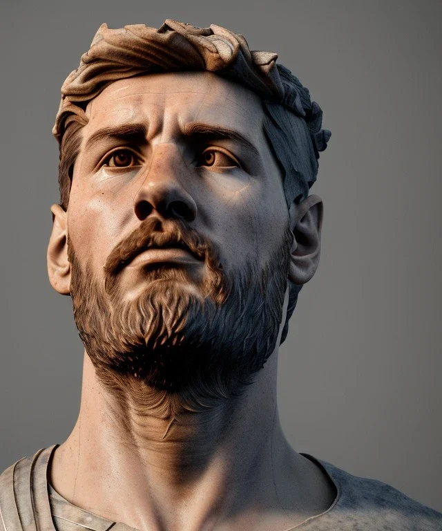 Gran angular, Realistic image, roman sculpture, marble deluxe material, Lionel Messi, gold Laurel leaves crown model, miguel angel style, emperador, God light, god rays, 4k resolution, smooth details, ornate details, soft lighting, unreal engine 5, soft cyan background.