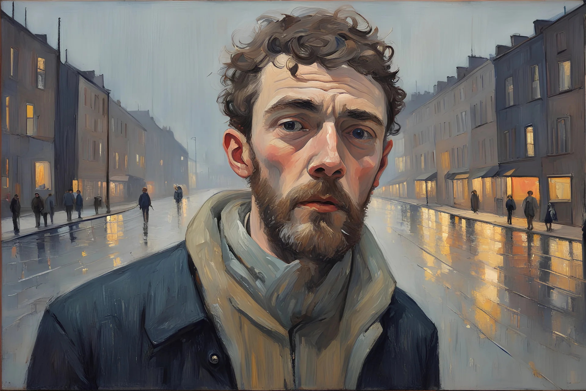 Euan Uglow-Norman Cornish oil painting, Otherworldly, young beautiful a dreaming young in UNStudio-Mvrdv cyberpunk (CITY) lights, сute beard guy, cries suffering looks behind, at the camera at half height, pastel color puffy and wool textures fashion, stormy day rainy, Cinematic lighting, Volumetric lighting, Epic composition, Photorealism, Very high detail, Bokeh blur, Sony Alpha α7, ISO1900, Character design, Unreal Engine, Octane render, HDR, By Simon Stalenhag sci-fi Art