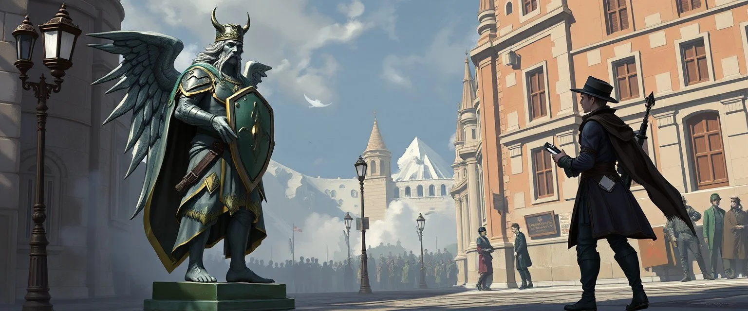 fantasy art, ,Dispute over a magical construct: A beautiful, animated statue (a shield guardian without an amulet) is standing in a street, confused. Its creator and a city official are arguing over jurisdiction.