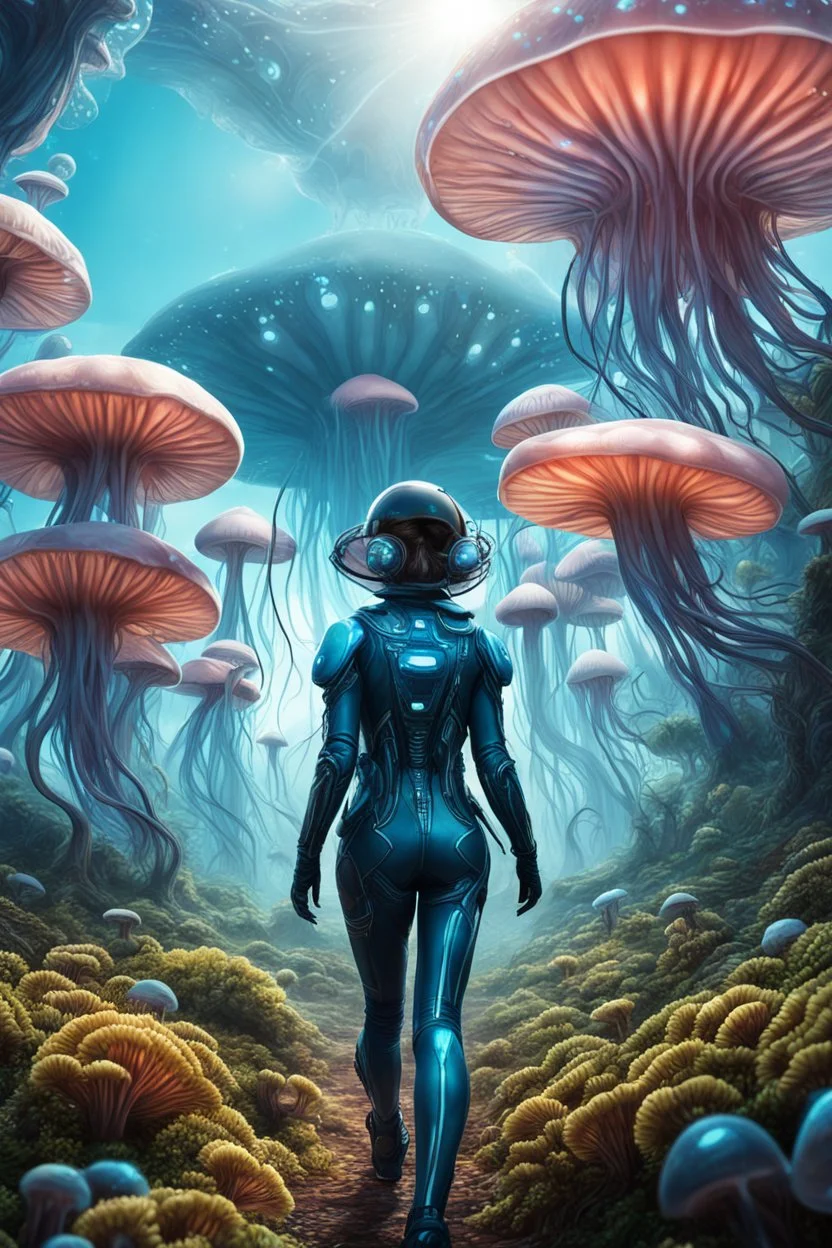 Woman in an Android suit, Walking Through Alien Mushrooms With Jellyfish Tentacles, Floating Through An Alien Forest, Photorealistic, Intricate Detail, Sunshine, Blue Sky