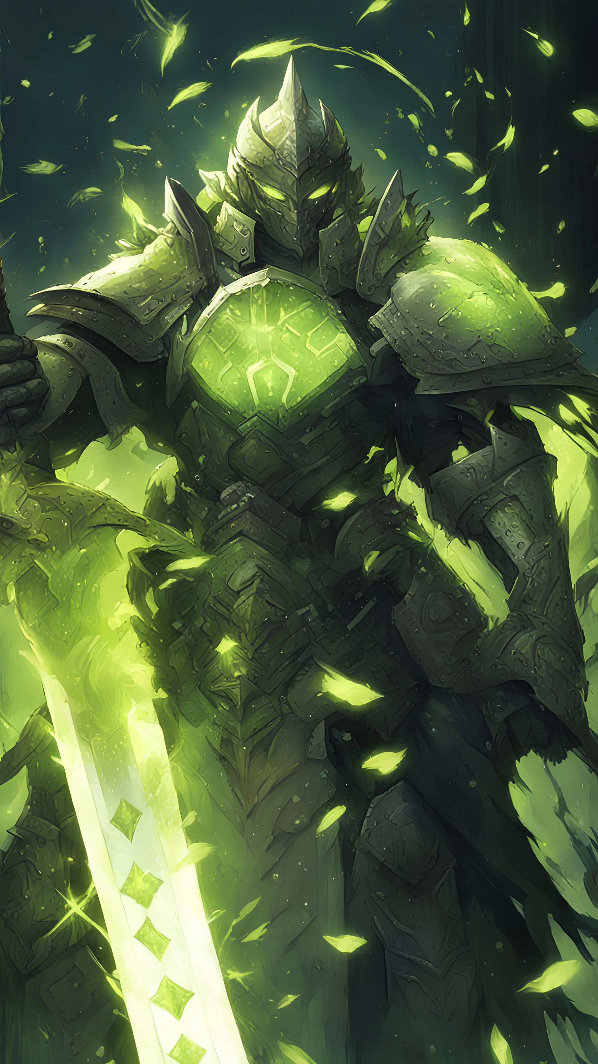 a man with a sword standing in the rain, green armor, night time raid, epic fantasty card game art, vegetal dragon cyborg, glowing green soul blade, full art, wearing green battle armor, corrupted armor, segmented organic armor, grimdark paladin, nekro xiii, techno organic armor, organic armor, green skin, nekro iii