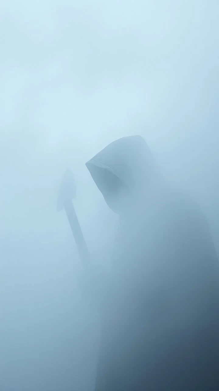 Heavy fog, huge angry hooded man in the sky