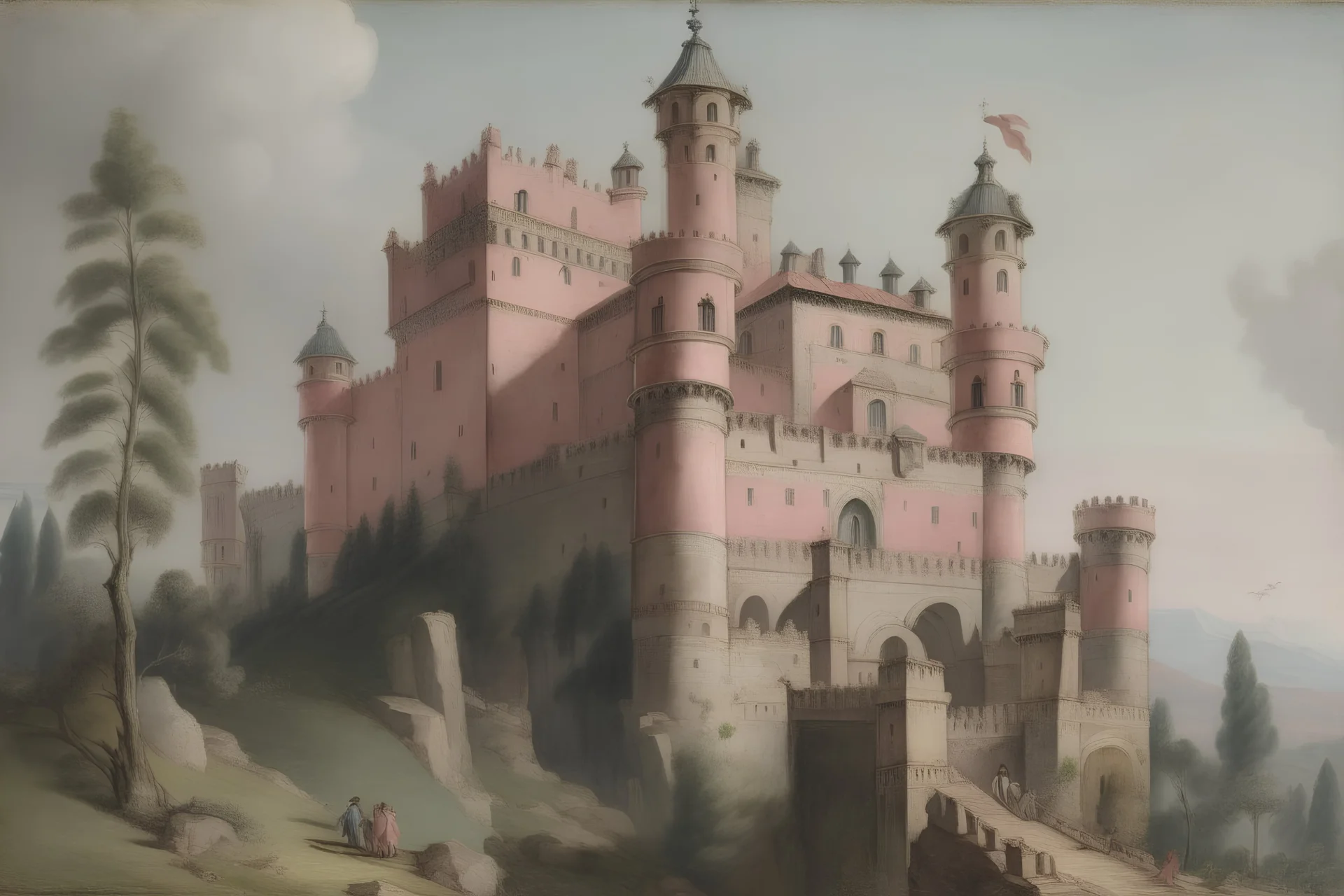 A grayish pink castle painted by Giovanni Battista Sassi