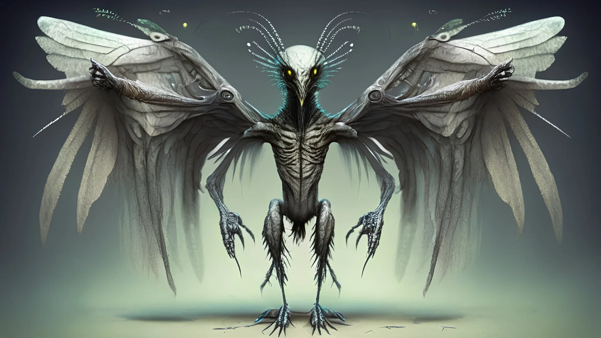 humanoid birdlike alien with insect wings and two sets of arms