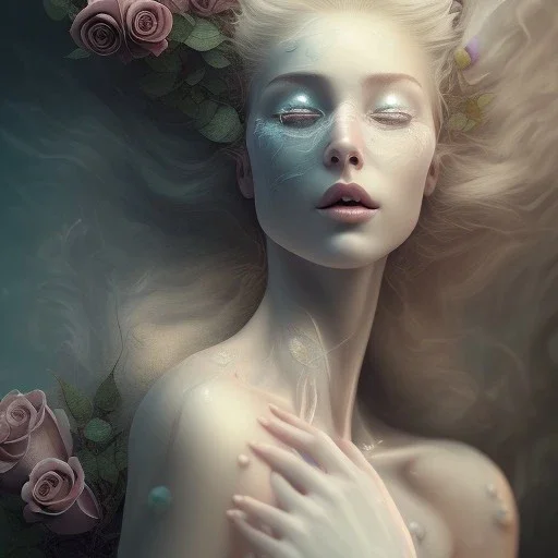 woman lying on satin pilow with closed eyes and cobwebs on face, hands crossed on chest holding roses, 8k, high-quality, fine-detail, intricate, sharp, crisp, digital art, detailed matte, illustration, octane render, brian froud, howard lyon, Anne Dittman, Anne Stokes, Lisa Parker, Selina French