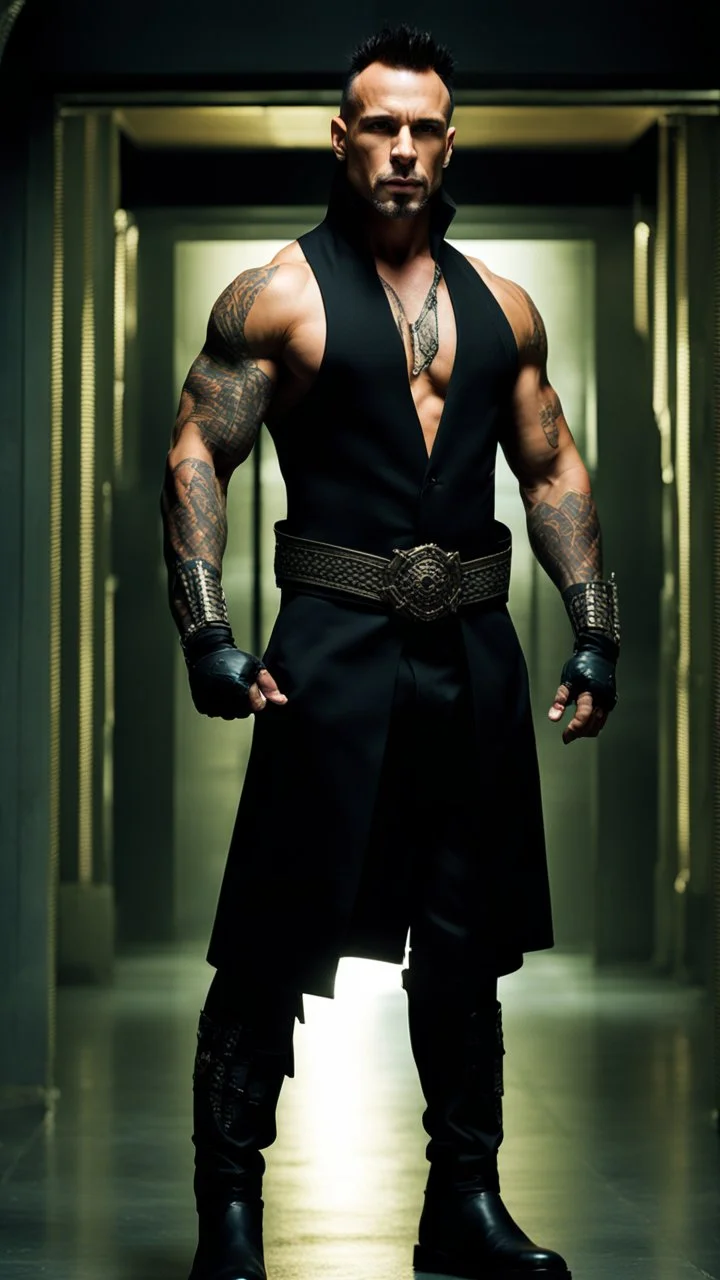 Jason David Frank as a Very muscular alpha male with short hair and tribal tattoo and piercings. Wearing a black designer suit , standing in a doorway. dark fantasy, hyperrealistic