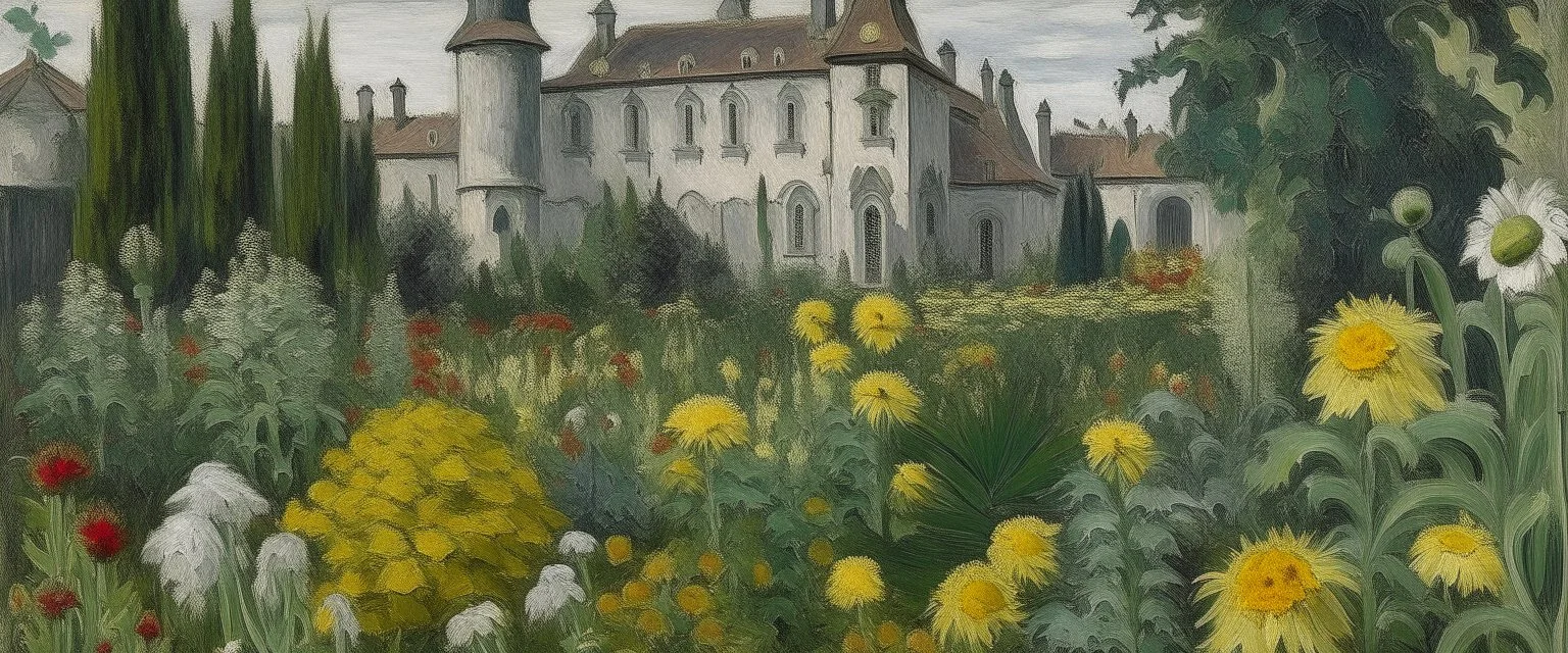 A garden filled with flowers near a gray castle painted by Vincent van Gogh