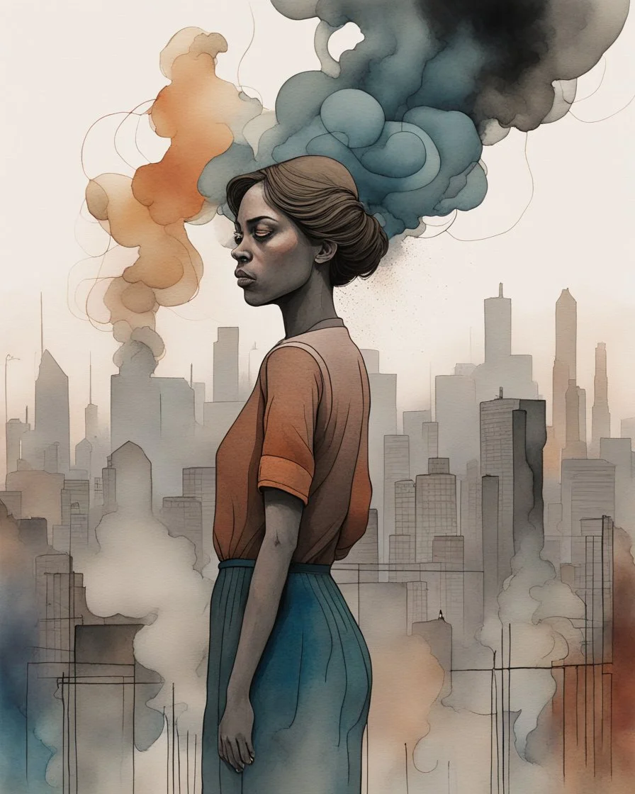 acrylic and watercolor and line tint painting of a sad young woman standing in front of a city entirely made of smoke, front view, bronze - skinned, geometric curves, featured art, philosophical splashes of colors, art brought to life, soul shock