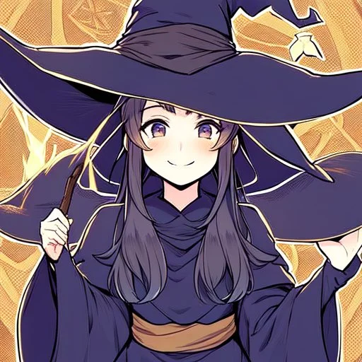 Akira Toriyama style, witch, witch hat, witch robe, expression smiling