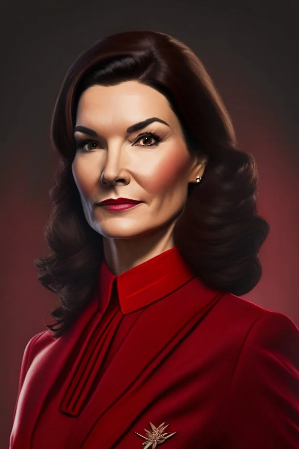 realistic Portrait of a woman in red power suit and dark brown hair. she looks like a mayor