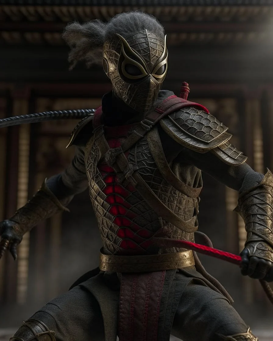 Hyper realistic spiderman ancient samurai style, use samurai weapon, intricate ancient armor, ancient background, elegant, grey and black smoke, stunning, render, hyper realistic, octane render, surrounding by lightning smoke effect