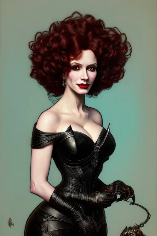 painting of christina hendricks as evil queen in black leather, feminie, angry, volouptous, busty, cleavage, emperious, mature, highly detailed, digital painting, artstation, concept art, smooth, sharp focus, illustration, art by gaston bussiere and alphonse mucha