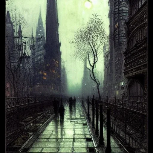 Trees on walkway, Gotham city,Neogothic architecture, by Jeremy mann, point perspective,intricate detailed, strong lines, John atkinson Grimshaw,pipes, chimneys