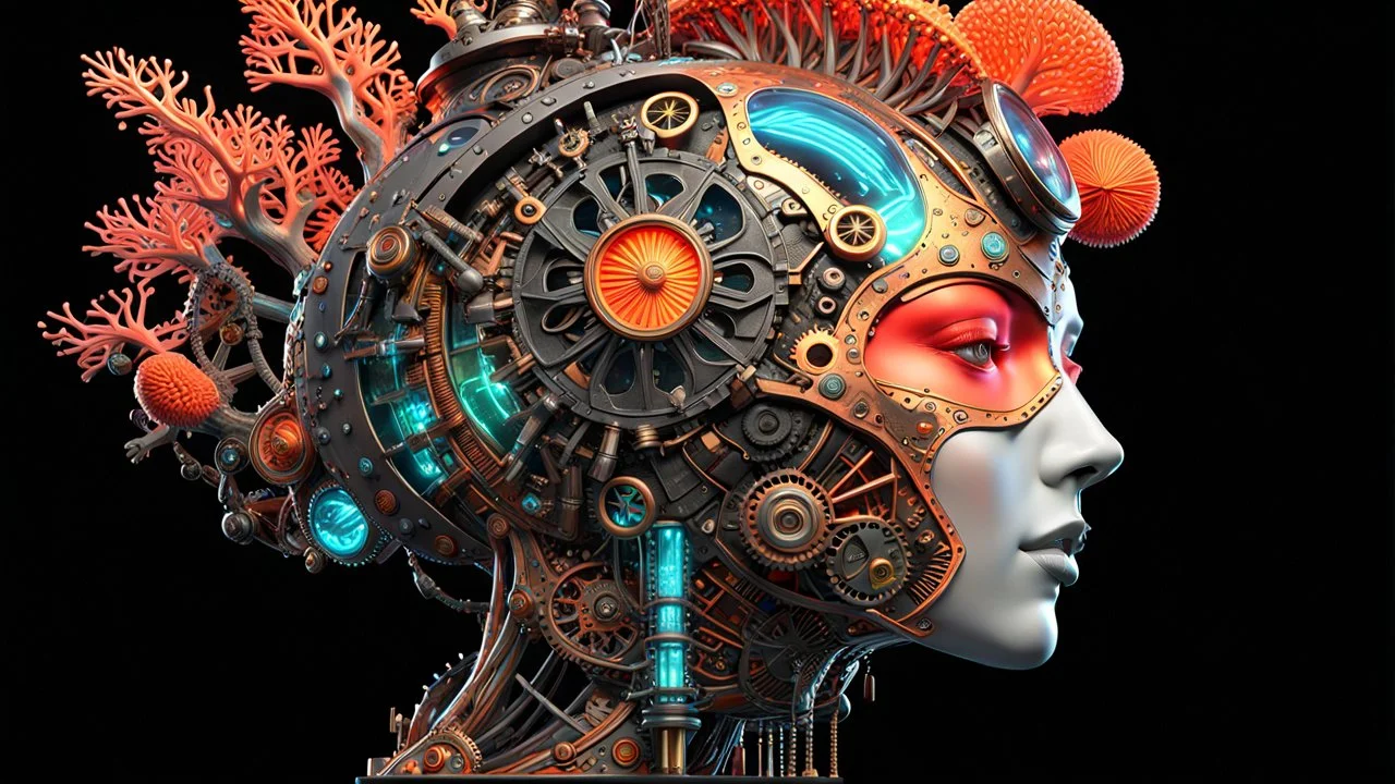 3D rendering of Expressively detailed and intricate of a hyperrealistic “neon steampunk head”: side view, scientific, single object, vivid colour, coral, fungi, black background, shamanism, cosmic fractals, octane render, 8k post-production, detailled metalic bones, dendritic, artstation: award-winning: professional portrait: atmospheric: commanding: fantastical: clarity: 16k: ultra quality: striking: brilliance: stunning colors: amazing depth