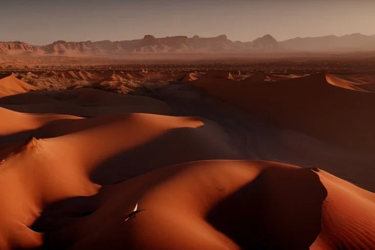 Extreme long shot, Birds Eye view, Arabic desert skyline, smooth, god rays, unreal engine 5, ray tracing, RTX, lumen lighting, ultra detail, volumetric lighting