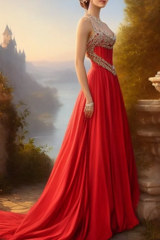 full body shot , beautiful and gorgerous duchess with incredible jewellery in 19th century clothing by Greg Rutkowski and Artgerm and Emile Vernon and Vladimir Volegov, in a red dress, mystical castle background, art illustration, natural beauty, muted colors, pastels, perfect fingers, higly detailed, expressive, high detail, symmetrical, digital painting, symmetrical eyes, dynamic lighting, artstation, cinematic lighting, intricate artwork, emitting diodes, smoke, artillery, sparks, racks, s