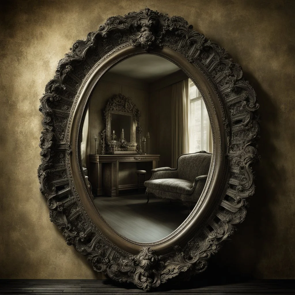 portrait of a cursed mirror that only reflects photo negatives, by George Grie and Joshua Hoffine, palpable textures, distinctive visceral style, detailed line work, surrealism powerhouse, opulent shadows, menacing illusions.