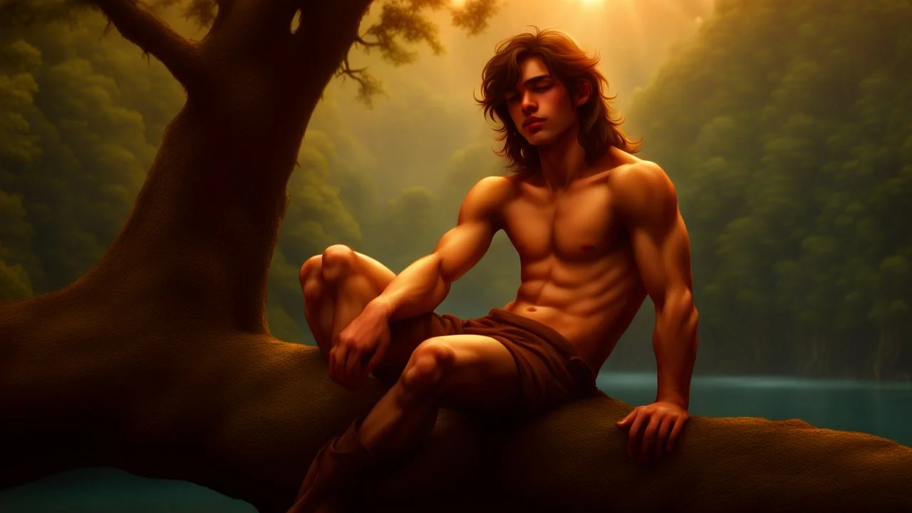 Photograph of a young teen elven male on thick tree branch, relaxing, eyes closed, thick brown hair, full lips, aesthetic physique, cute face, shirtless torso, warm skin tone, flawless skin, long hair,, high camera angle, simple loin cloth, calm clear water, dreamy atmosphere, high resolution