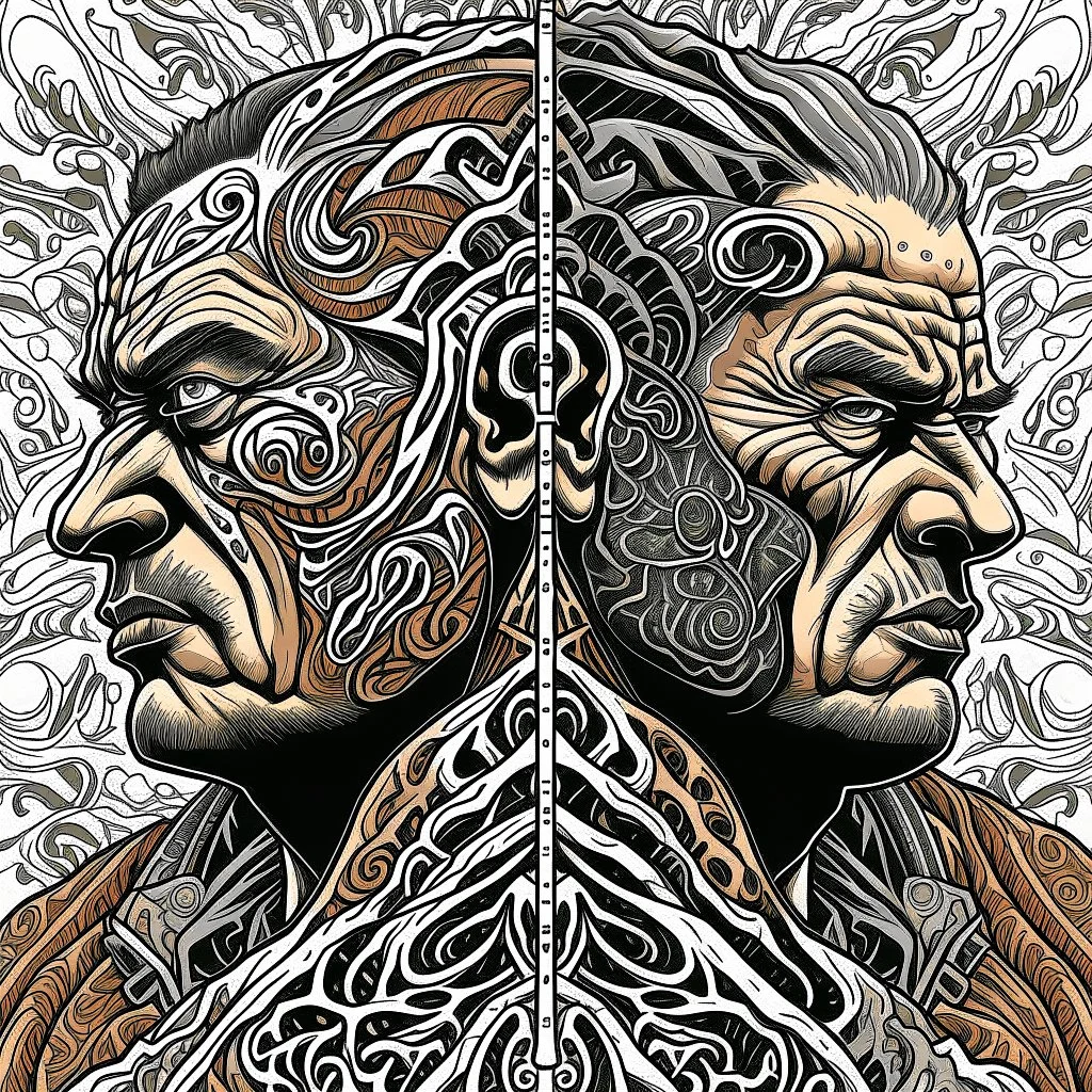 Māori dark god Whiro-te-tipua vs Half-Maori ex Mafia hit man named "ISAIAH COLERIDGE", double exposure, deep shading, gritty, VRay, 3DEXCITE, 3D shading, color pen illustration.