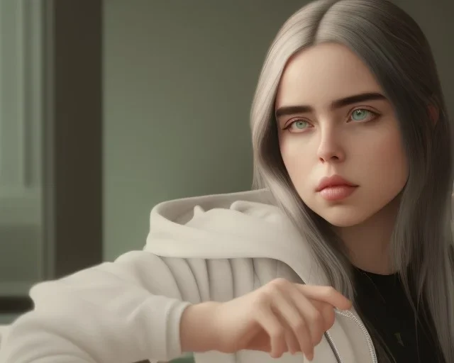 Billie Eilish, sitting on a chair, Black Short Dress, high detail, realistic, 8k