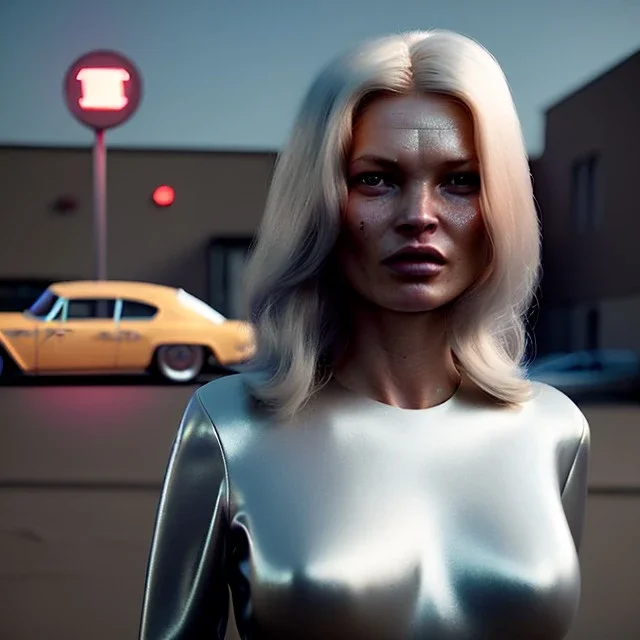 Ultra Realistic retro sci-fi, Supermarket parking scene, 1960 year, blonde woman, sweet young Kate moss face, x ray lights eyes, face makeup, tight latex coat, levitating cars, many panic people, Retro sci-fi style, soft color, highly detailed, unreal engine 5, ray tracing, RTX, lumen lighting, ultra detail, volumetric lighting, 3d, finely drawn, high definition, high resolution.