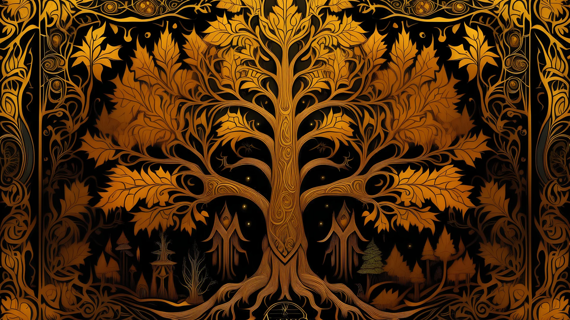 Alinor Maple in shades of gold with an Egyptian theme, in black light art style