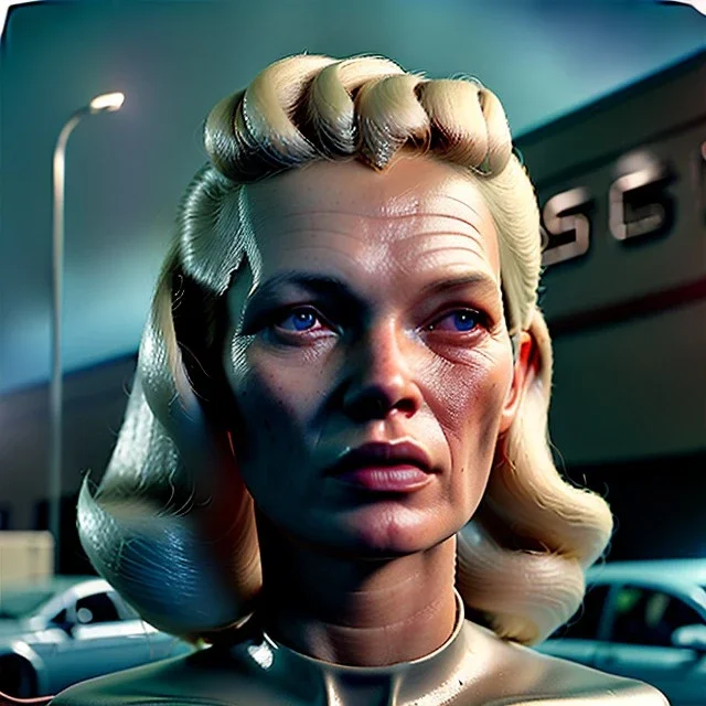 Ultra Realistic retro sci-fi, Supermarket parking scene, 1960 year, blonde woman, sweet Kate moss face, x rays eyes, face makeup, tight latex coat; many panic people, Retro sci-fi style, soft color, highly detailed, unreal engine 5, ray tracing, RTX, lumen lighting, ultra detail, volumetric lighting, 3d, finely drawn, high definition, high resolution.