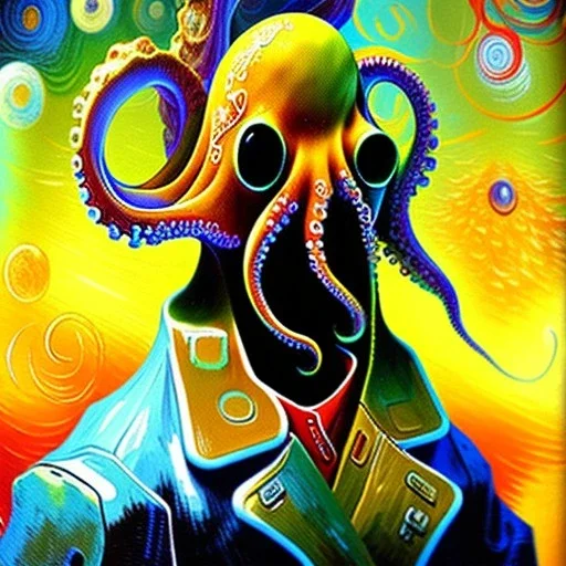 Dibujo al oleo de un hombre pulpo pintado con muchas nubes de colores estilo Vincent van Gogh