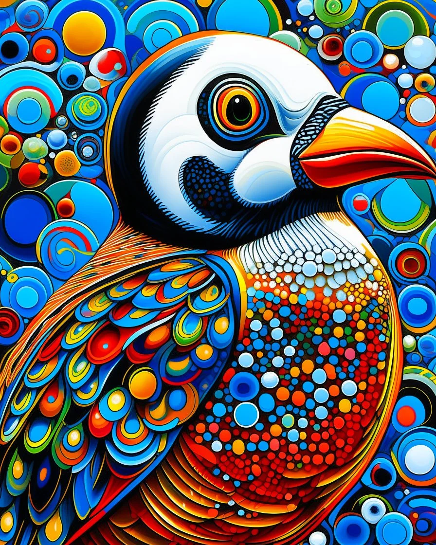 A colorful puffin in the style of Yayoi Kusama, surrounded by circles and dots, with an abstract background. The puffin is depicted as if it were painted using oil paints on canvas, giving it a three-dimensional appearance. It has vibrant colors like blue, red, yellow, green, orange, purple, white, black, brown, silver, and gold. It has intricate patterns that give depth to its form.