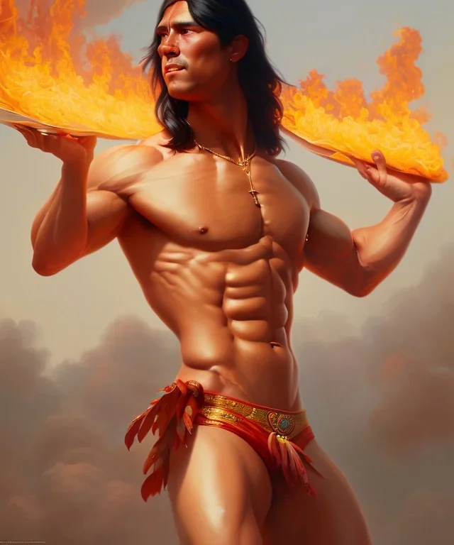 native american warrior, long black hair, dancing on top of fire, big muscles, loincloth, shirtless, 8k resolution concept art portrait by Greg Rutkowski