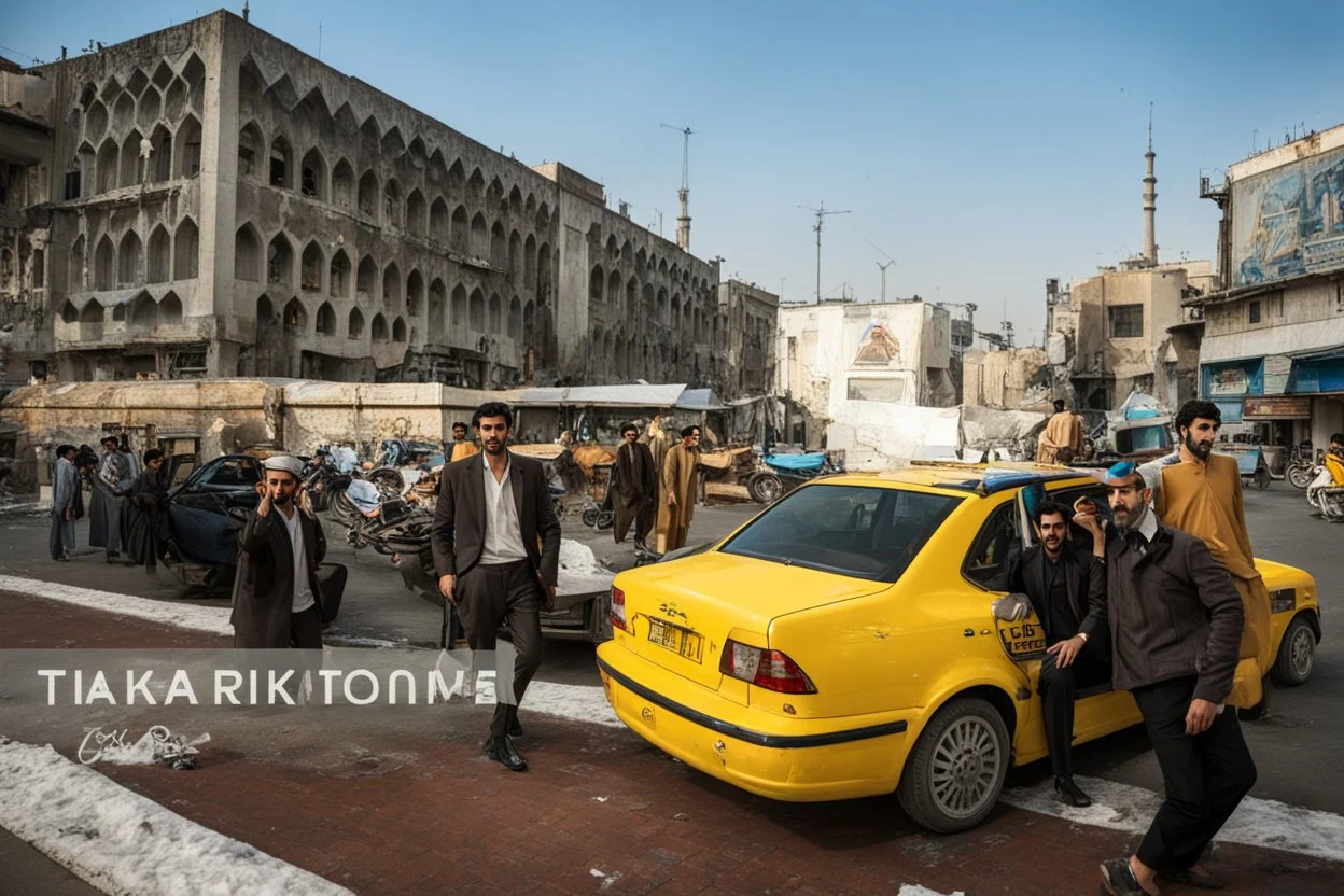 men models in a street in Tehran with a taxi