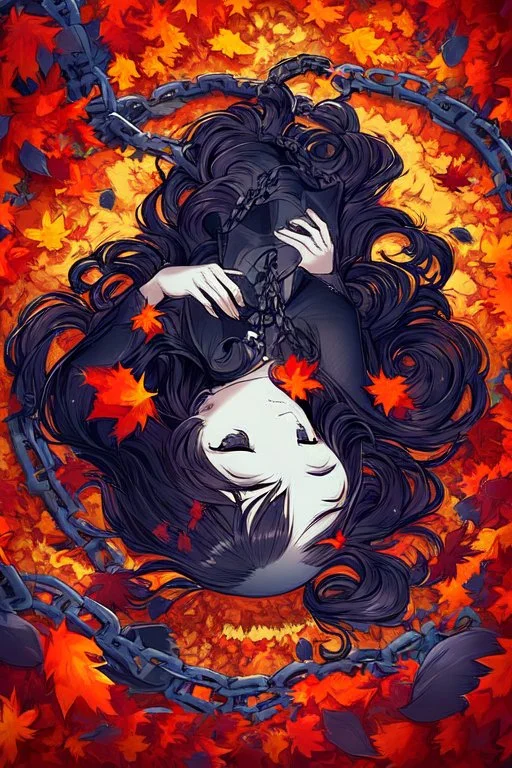 abstract creation of a beautiful girl with black curly hair, surrounded by black roses, thick metal chain broken, glass petals on the ground, autumn colours,dried out thorn bush, chaos,