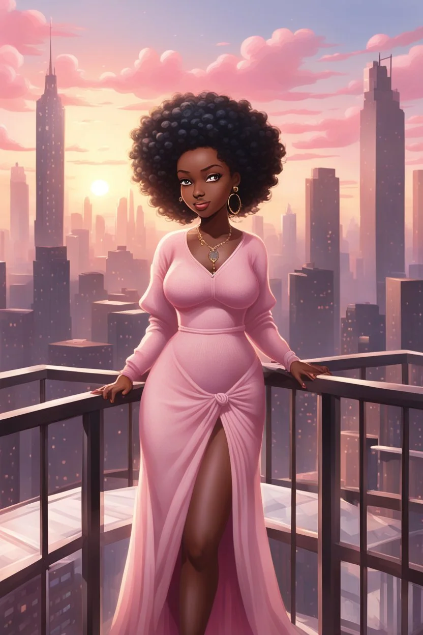 The scene opens onto a serene balcony overlooking a bustling city skyline. The sky above is painted in soft hues of pink and gray as the sun begins its descent, casting a warm glow over everything it touches. In the foreground stands a captivating figure, airbrush chibi cartoon curvy black woman exuding confidence and elegance. She is adorned in a flowing white knit maxi dress that hugs her curves in all the right places, accentuating her silhouette. Her choice of footwear is equally stunning