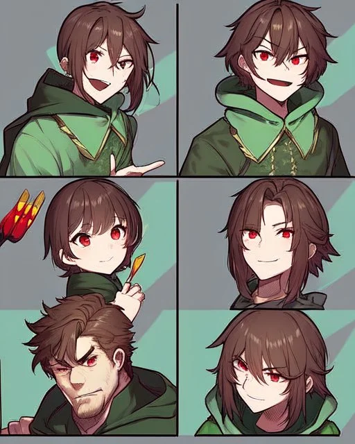 Short brown hair, red eyes who wears a green blouse open with its hood, holds a bright red knife, Smile insanely and very angry, Aspect that shows that the character is a villain, Aspect that shows that the character is a villain, dark background Very dark, and HQ Manga style He is a man but resembles a woman, show only 1 character.