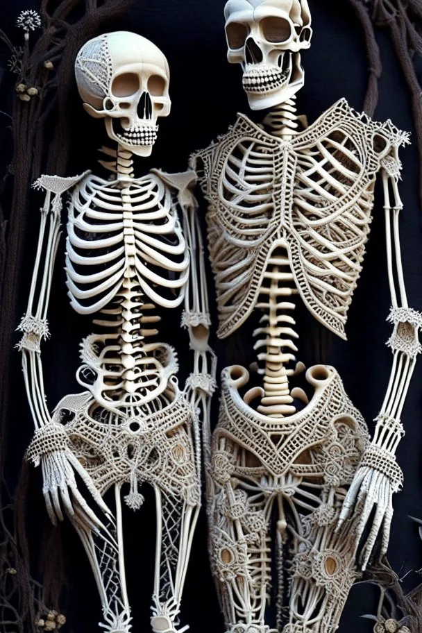 Celebrity skeleton couple dressed in intricately detailed designer suits made from macrame and quilling found in nature.