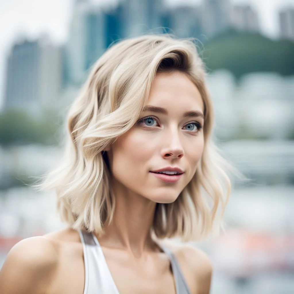 beautiful anorexic asian female, total shot, shiny silver triathlon swimsuit, short blond wavy bob hair, blurred city background