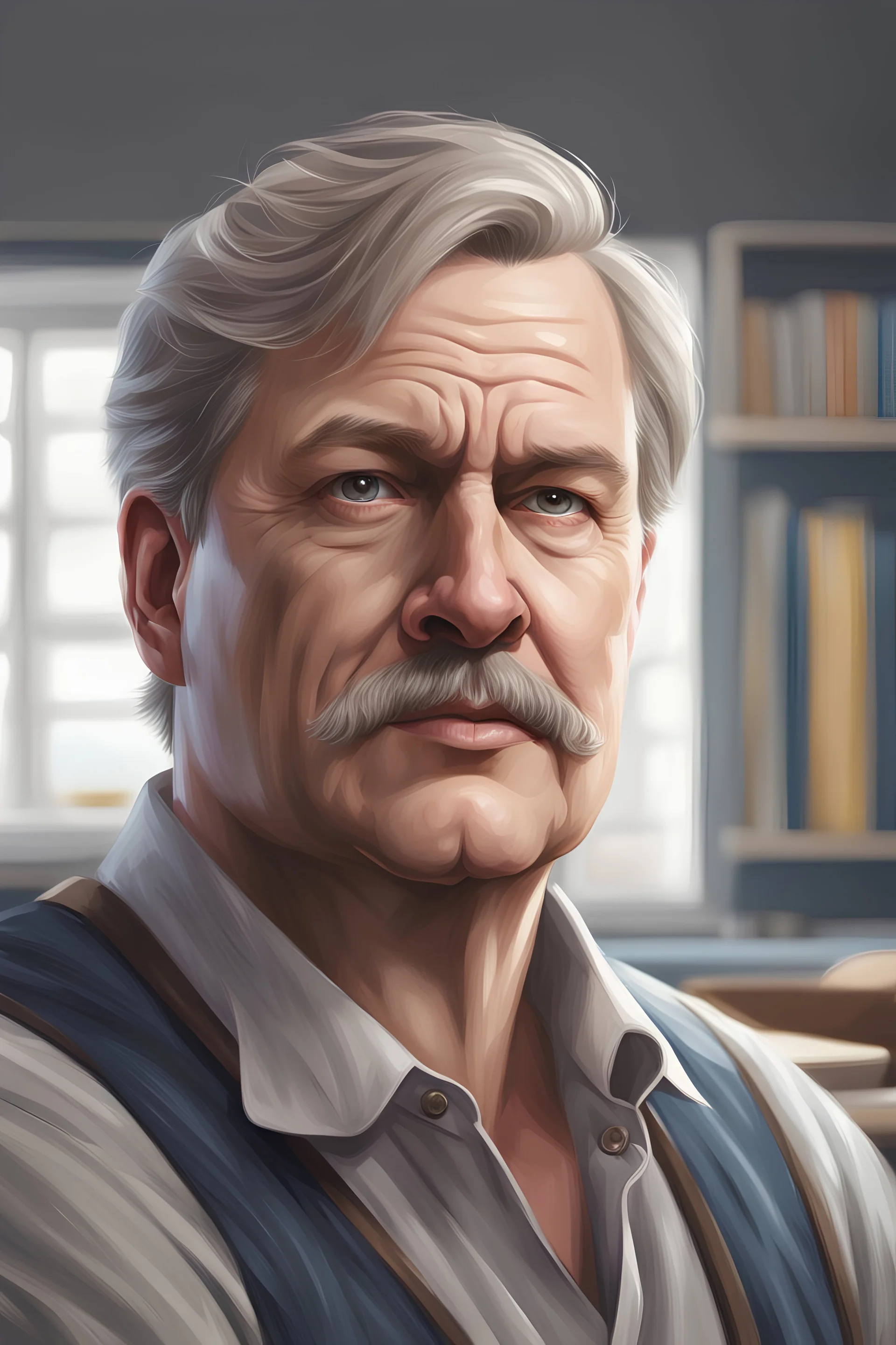 Digital art, concept art {a portrait of a 50 year old Swedish man with average looks and chubby build is teaching in a college classroom} . digital artwork, illustrative, painterly, matte painting, highly detailed, realism, photorealistic"