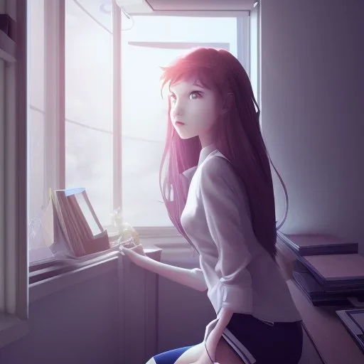 Anime, female student studying under window, studying lesson, perfect face, cool face, ultra detail, unreal engine 5, cinema4d, sun light, studio lighting --ar 1:1 --v 4