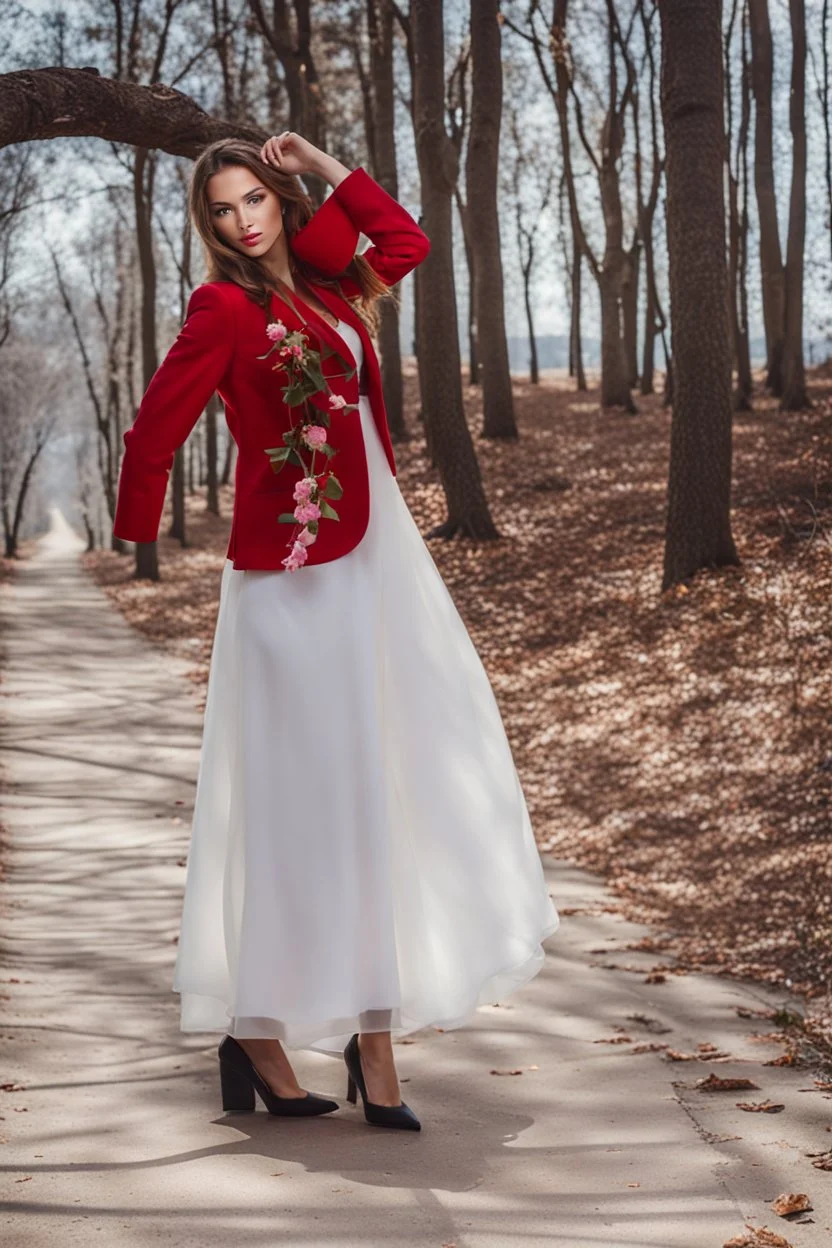 fullbody shot of young-beautiful-girl-with-a-perfect-face in green trees